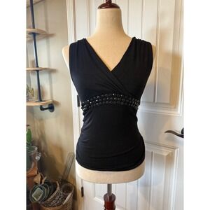 DAIWEI Black Sleeveless Embellished V Neck Wrap Front Tank Top Women's Medium